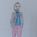 portret nauczyciela języka angielskiego narysowany kredkami.