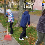 uczniowie zbierają i grabią liście