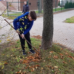 uczeń grabi liście