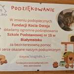 Dyplom z podziękowaniami na udział szkoły w zbiórce karmy dla psów i kotów od Fundacji Kocia Ostoja